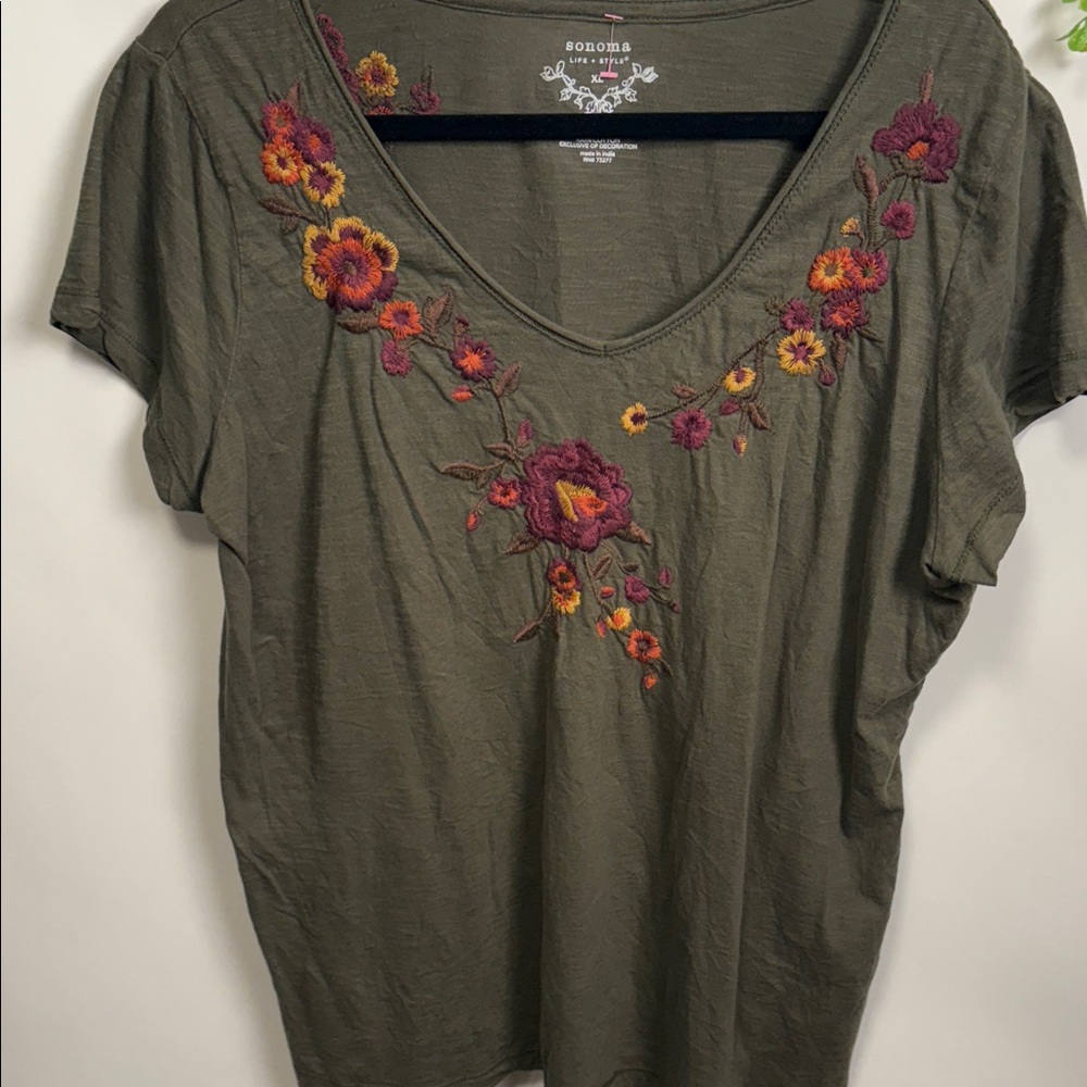Sonoma Olive Floral Embroidered Tee